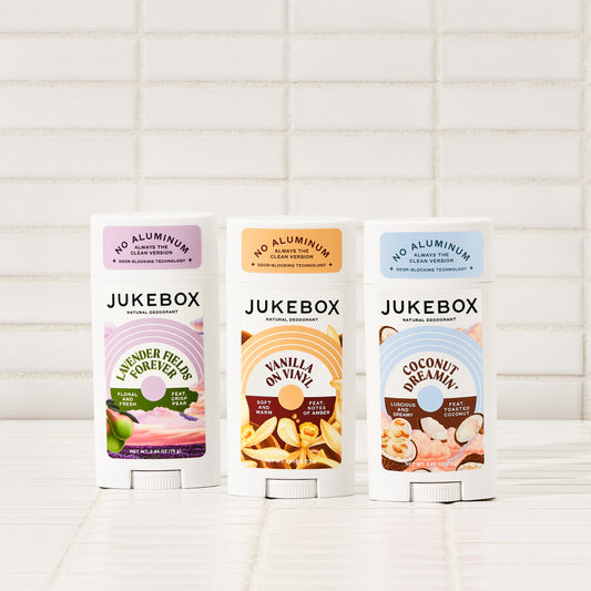 Three stick deodorants from the brand Jukebox: Lavender Fields Forever, Vanilla on Vinyl, and Coconut Dreamin'.